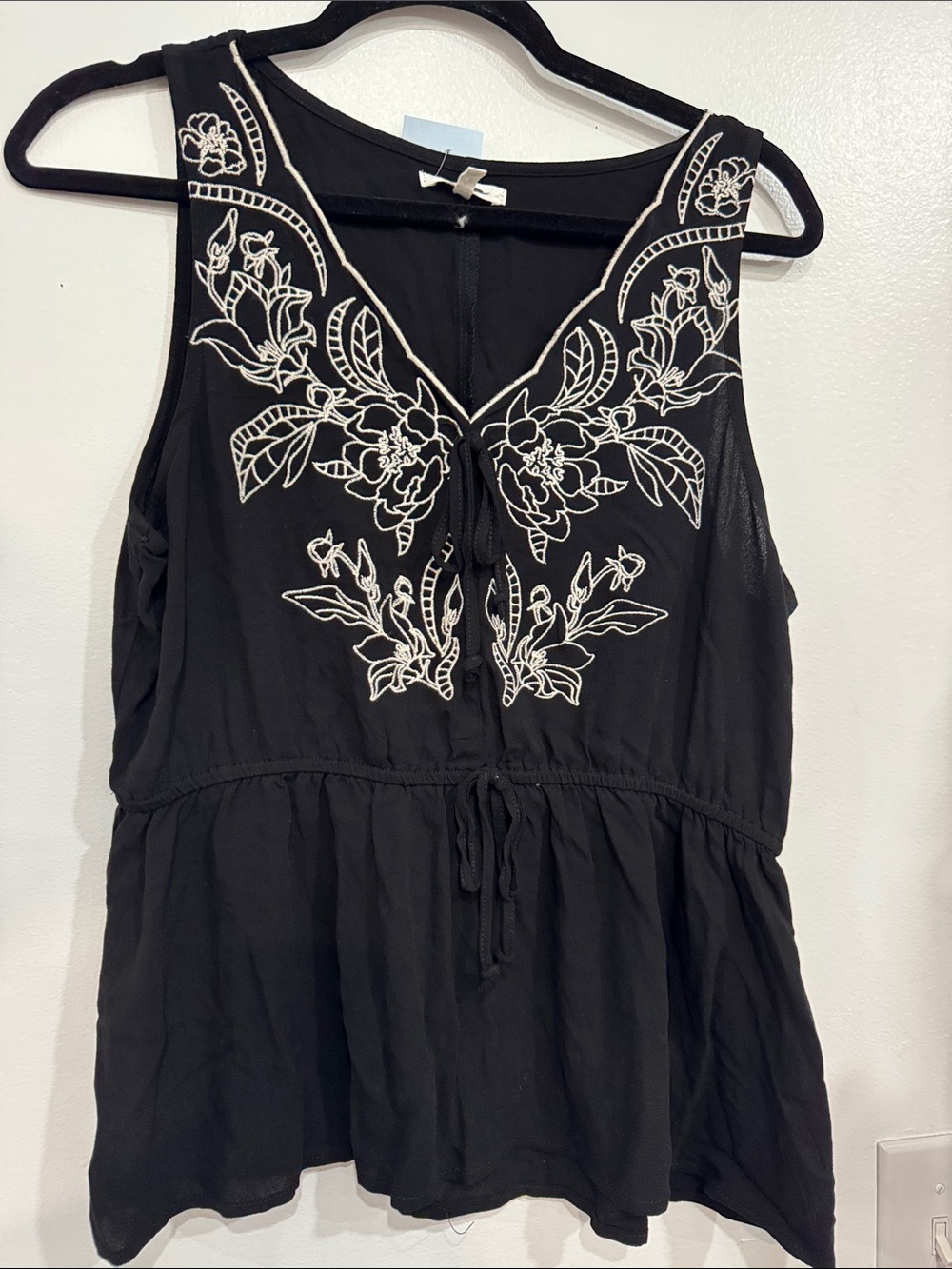 Maurices Black Sleeveless Camisole with White Floral Embroidery